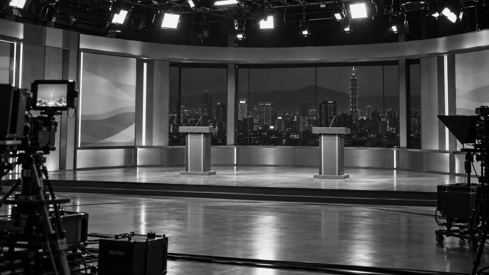 Two campaign lecterns remain on the debate stage at a television studio in Taipei. (AI-generated image / EconoTimes)