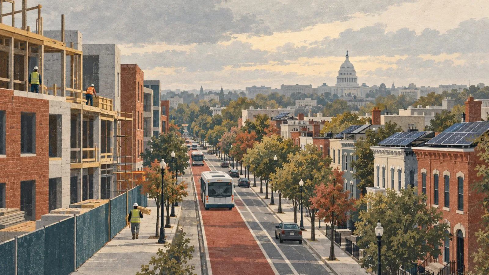 Apartment construction rises beside a bus corridor in Washington, D.C. (AI-generated image / EconoTimes)