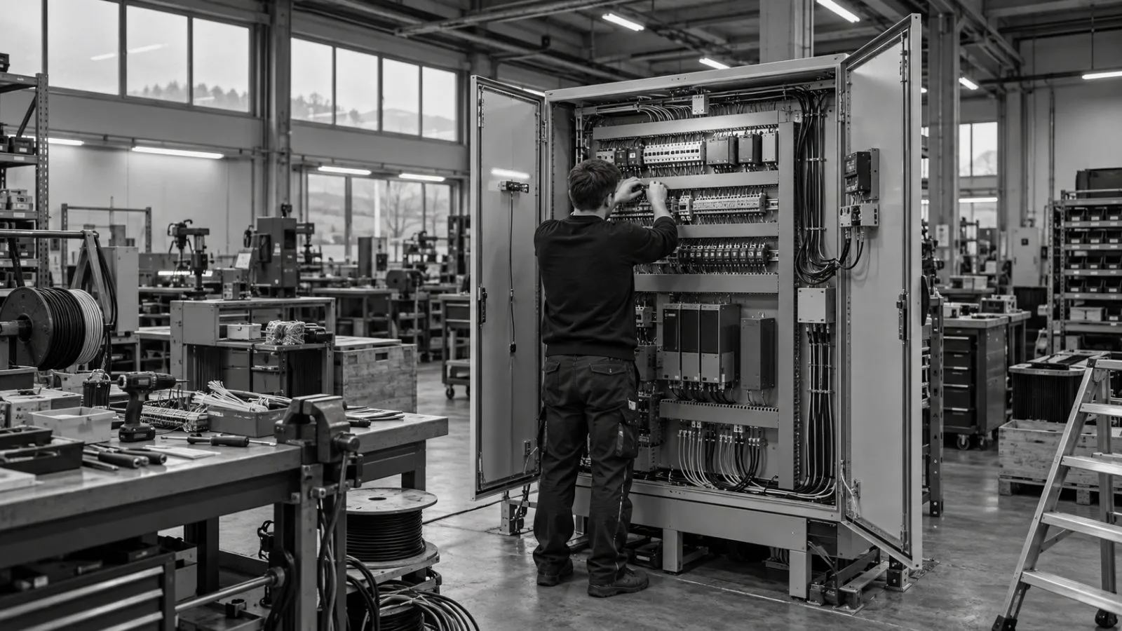 An electrical control cabinet is assembled inside an industrial workshop in Hausmening, Austria. (AI-generated image / EconoTimes)
