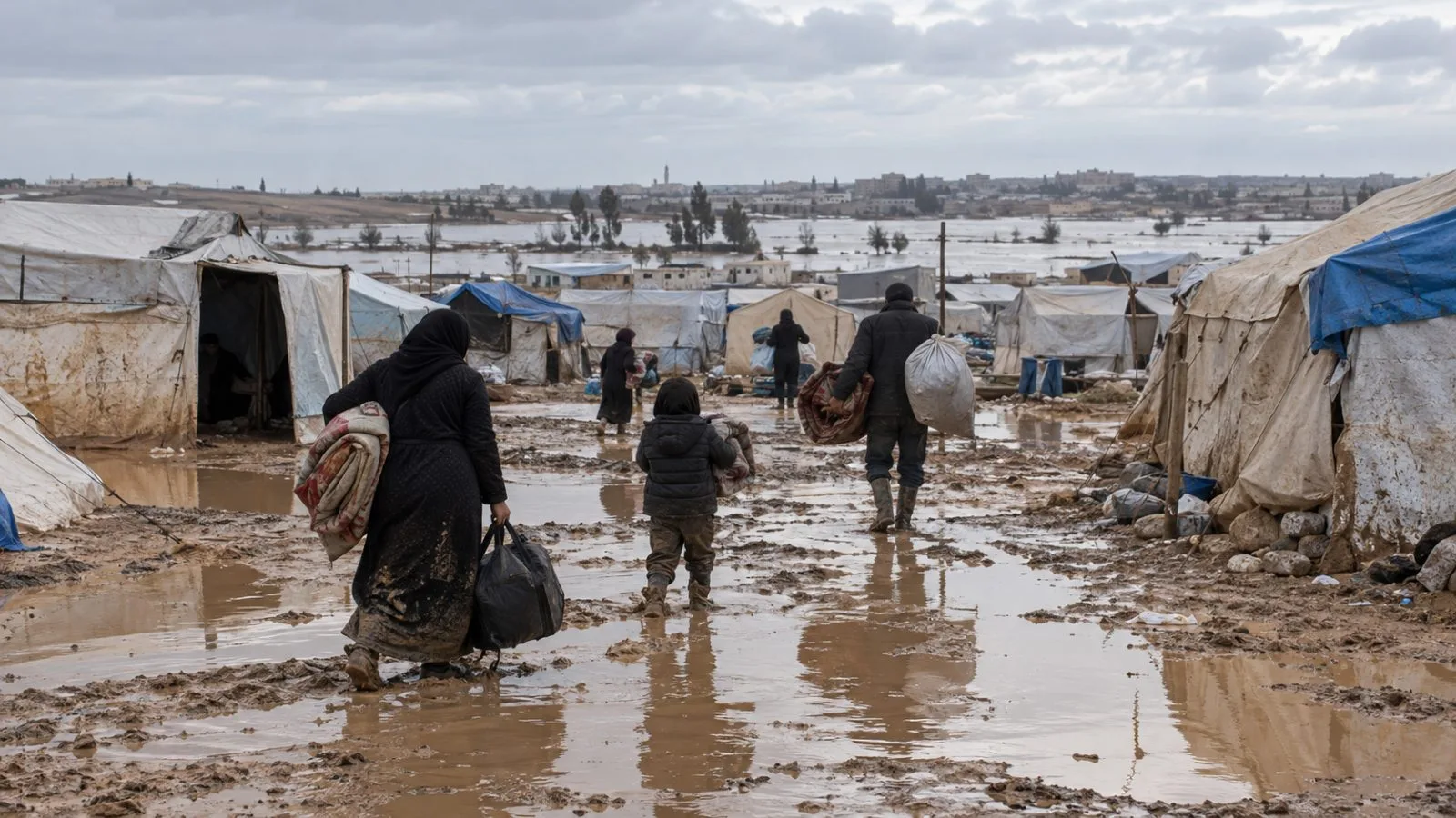 Floodwater surrounds displacement tents at a camp near Raqqa, Syria. (AI-generated image / EconoTimes)
