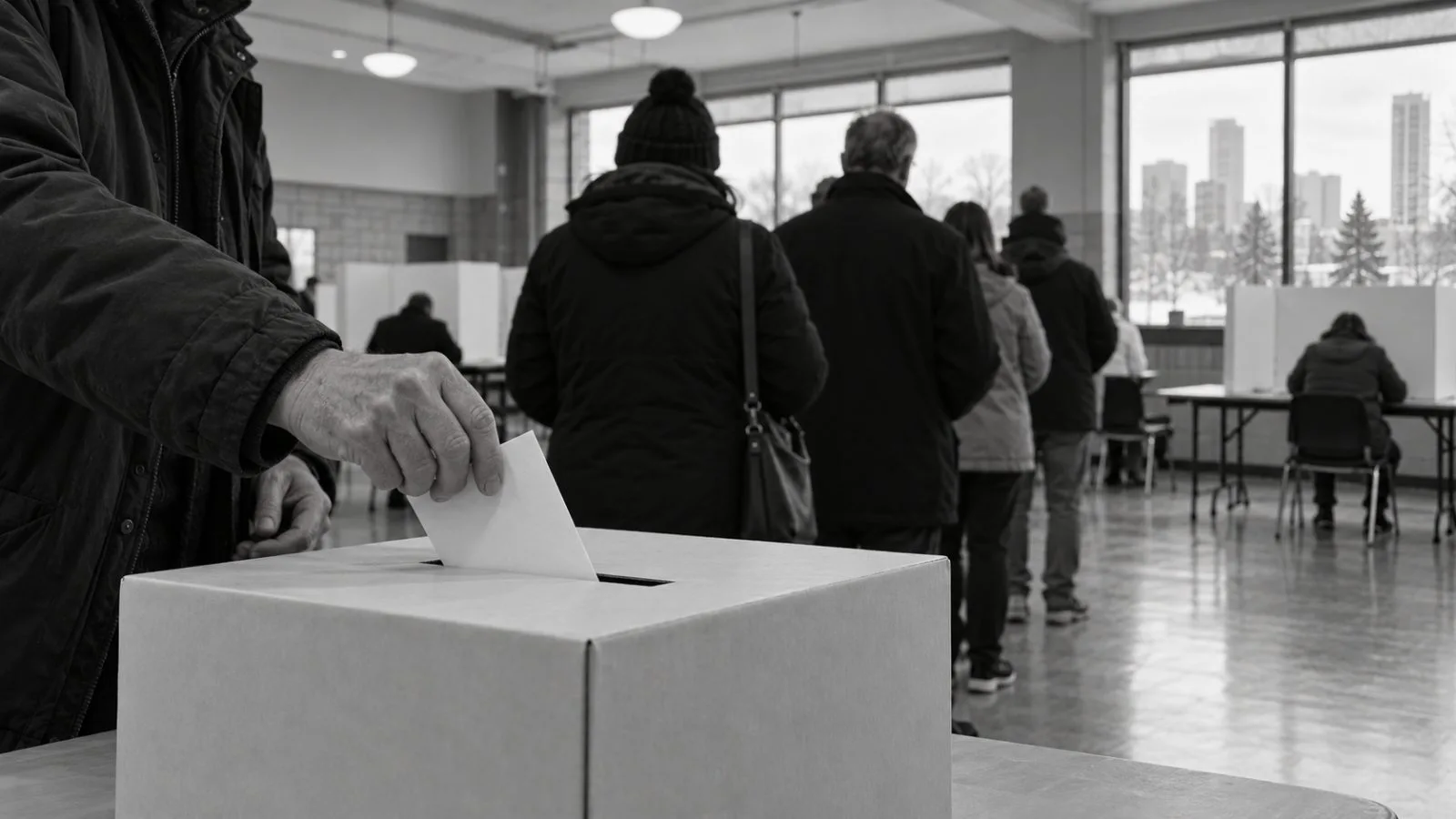 A voter casts a ballot at a polling station in Edmonton, Alberta. (AI-generated image / EconoTimes)