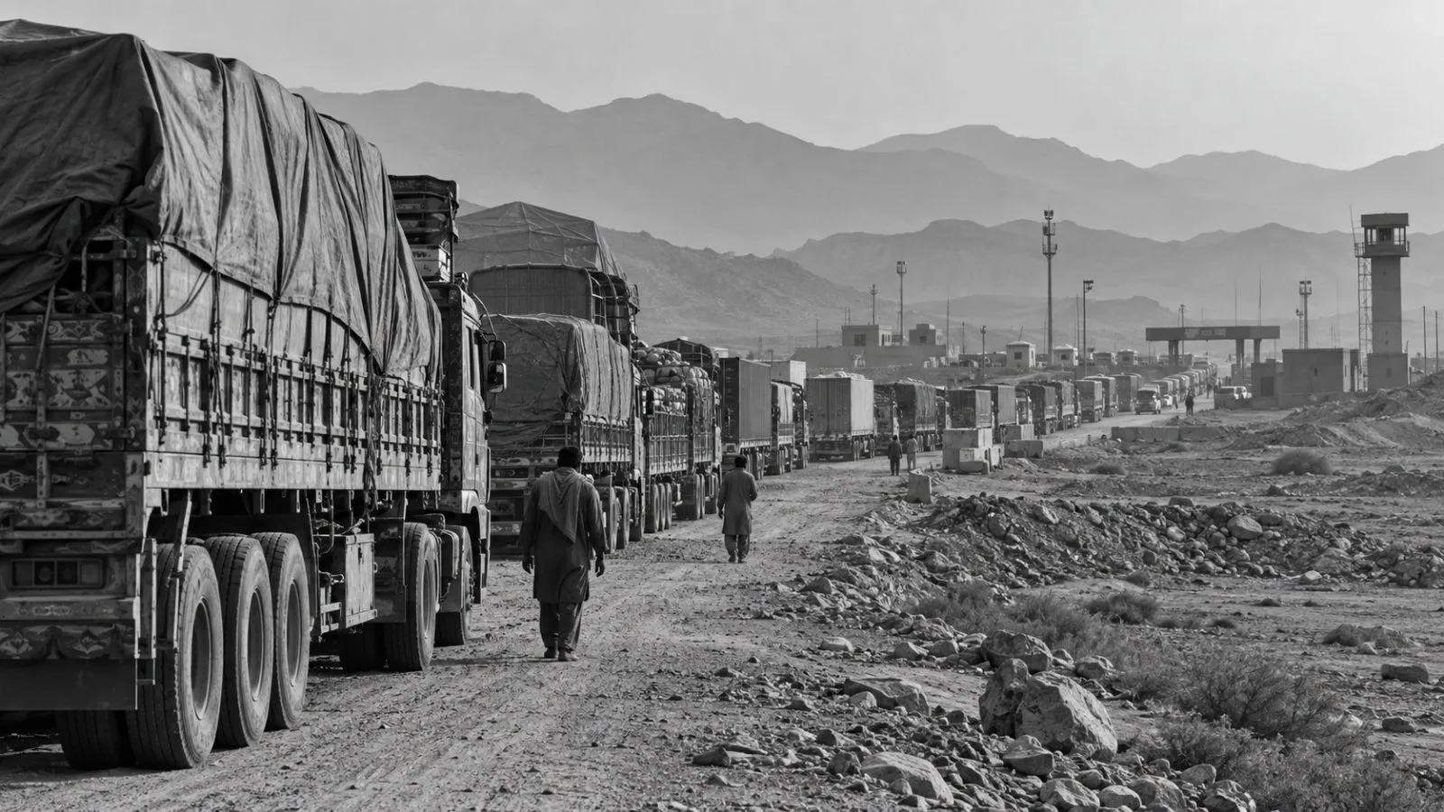 Freight trucks queue at the Gabd-Rimdan border crossing near Gwadar, Pakistan. (AI-generated image / EconoTimes)