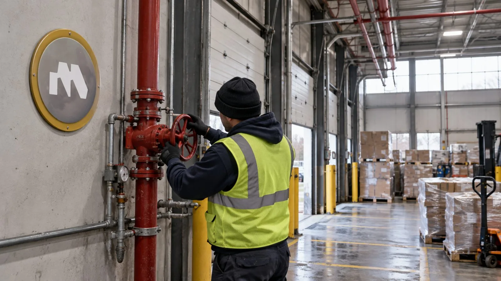A technician checks a fire sprinkler valve inside a distribution warehouse in Johnston, Rhode Island / EconoTimes.ai