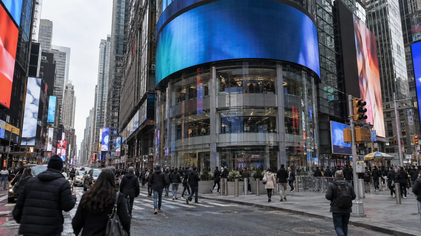 Pedestrians pass the Nasdaq MarketSite in New York's Times Square at midday. (AI-generated image / EconoTimes)
