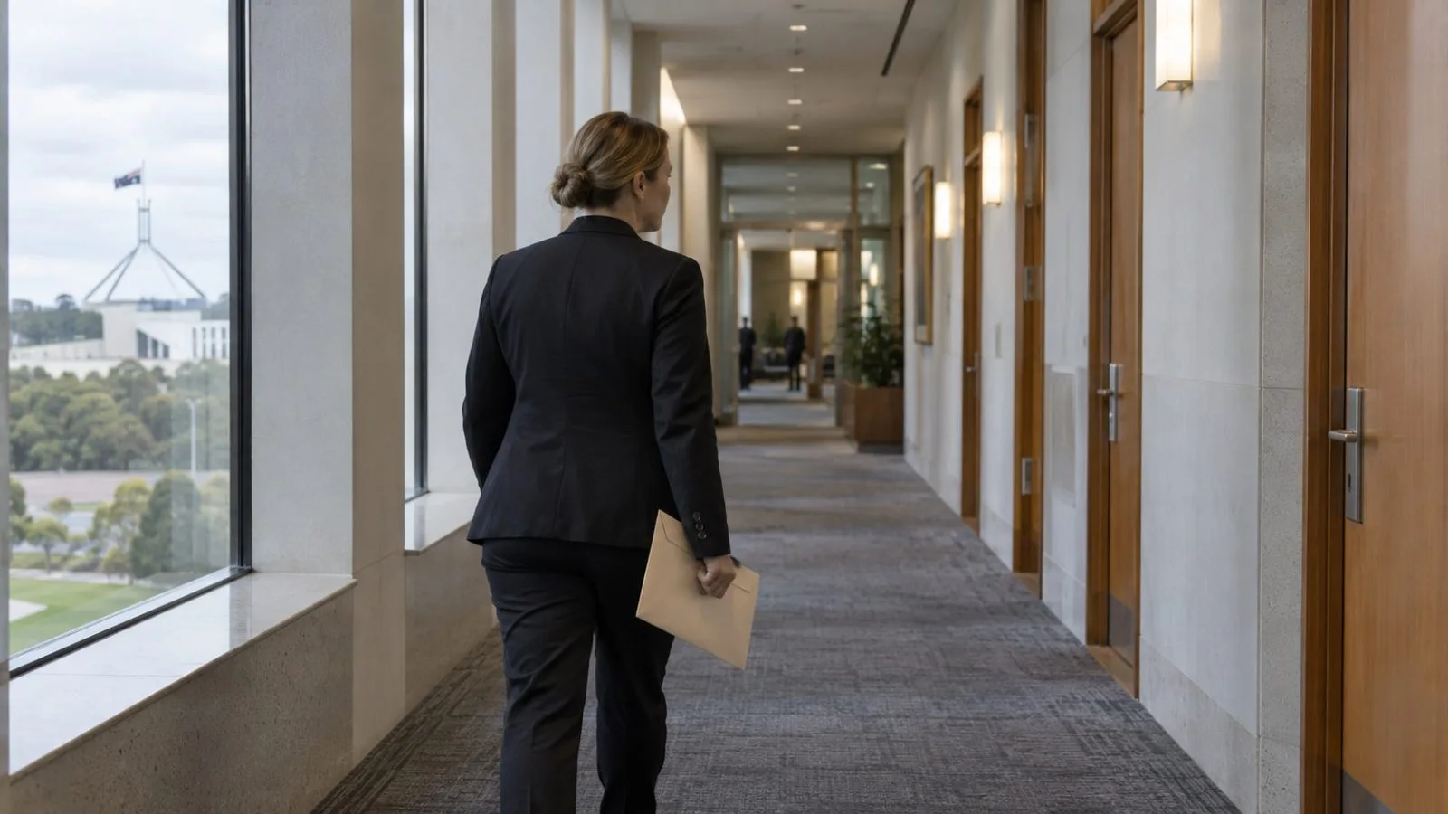 A staff member carries an envelope through a corridor at Parliament House in Canberra. (AI-generated image / EconoTimes)