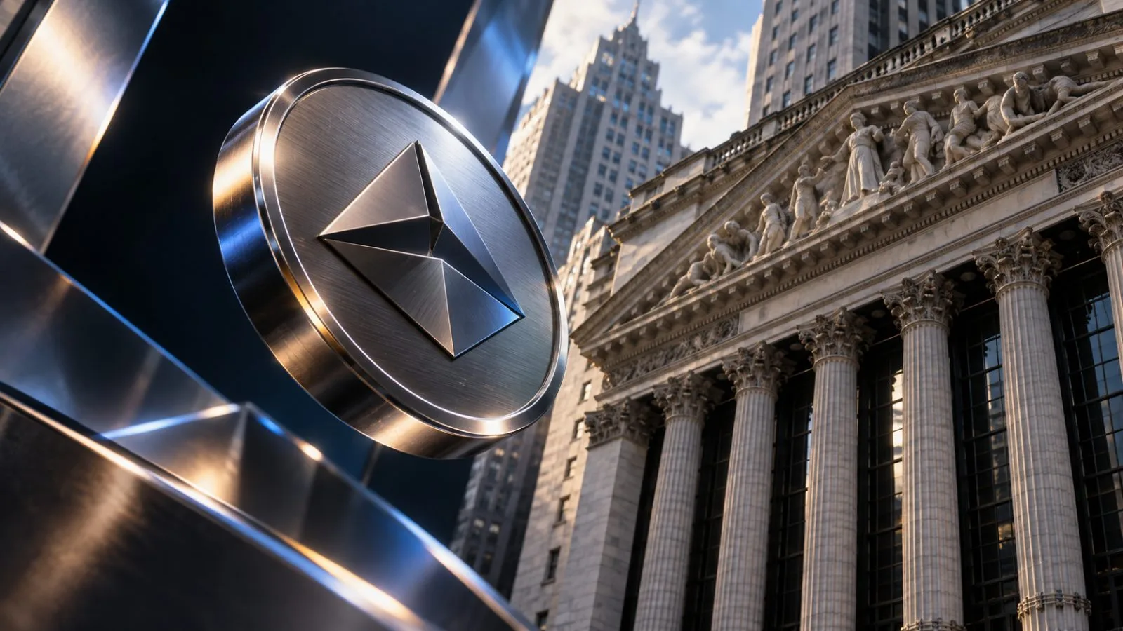 A rendered token disc appears before the New York Stock Exchange facade in Manhattan. (AI-generated image / EconoTimes)