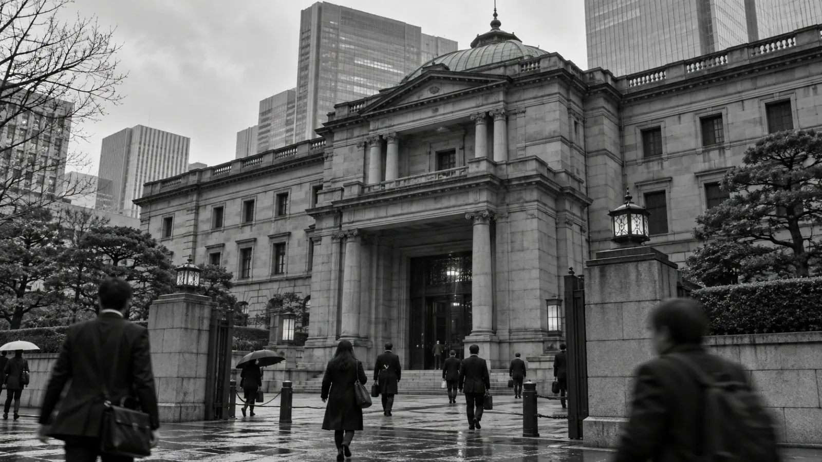 Pedestrians pass the Bank of Japan headquarters in Tokyo on an overcast morning. (AI-generated image / EconoTimes)