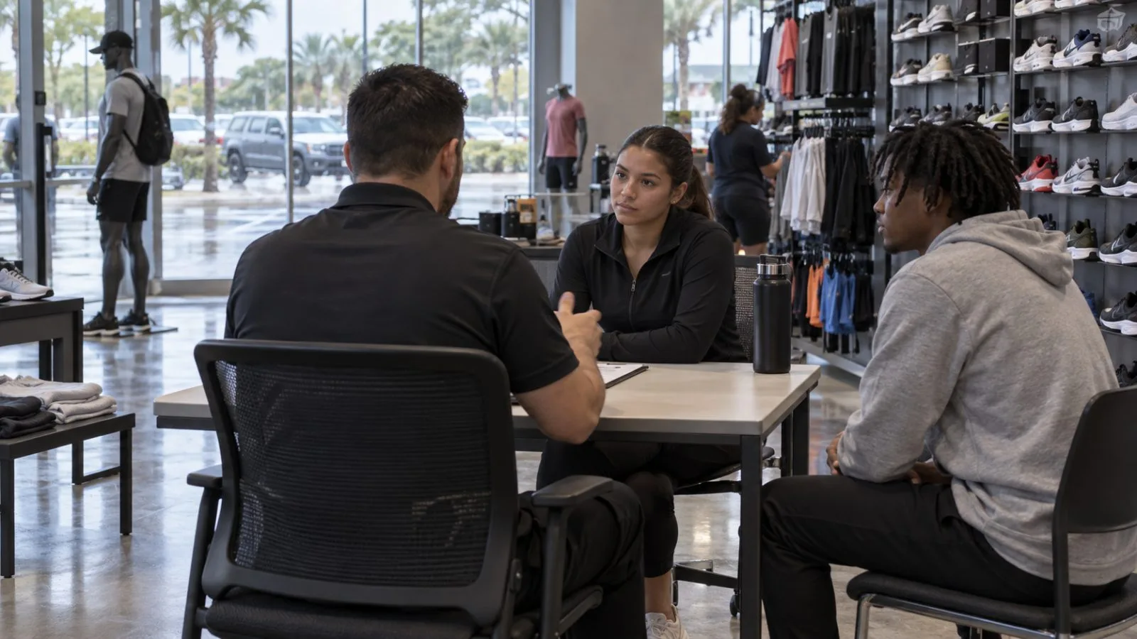 Applicants meet store staff inside a sporting goods shop in Tampa, Florida (AI-generated image / EconoTimes)