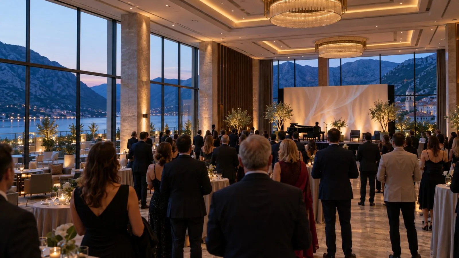 Guests face a lit stage at the Hyatt Regency Kotor Bay Resort in Montenegro. (AI-generated image / EconoTimes)