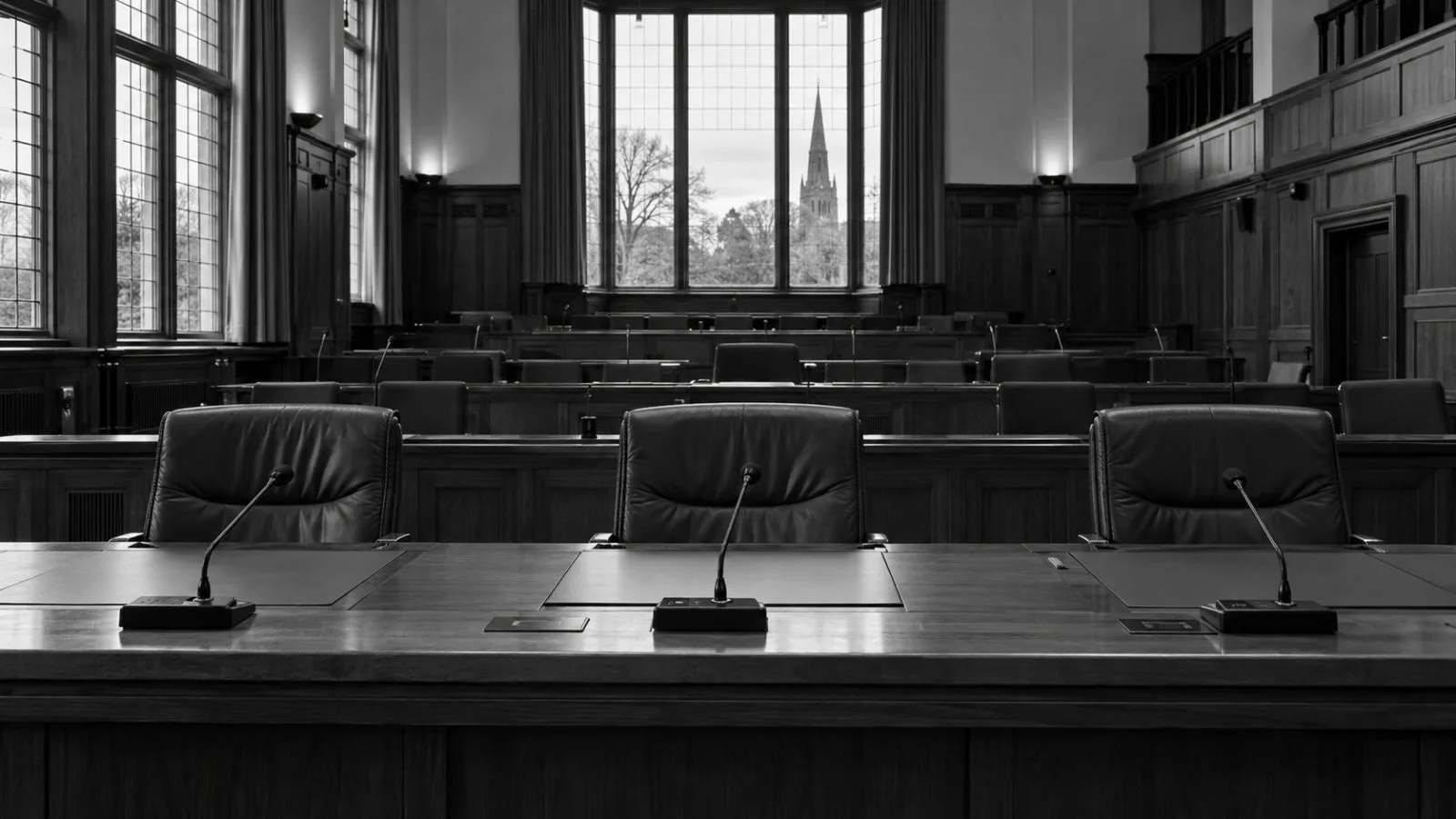 Three empty councillor seats sit inside the Solihull Metropolitan Borough Council chamber in England. (AI-generated image / EconoTimes)