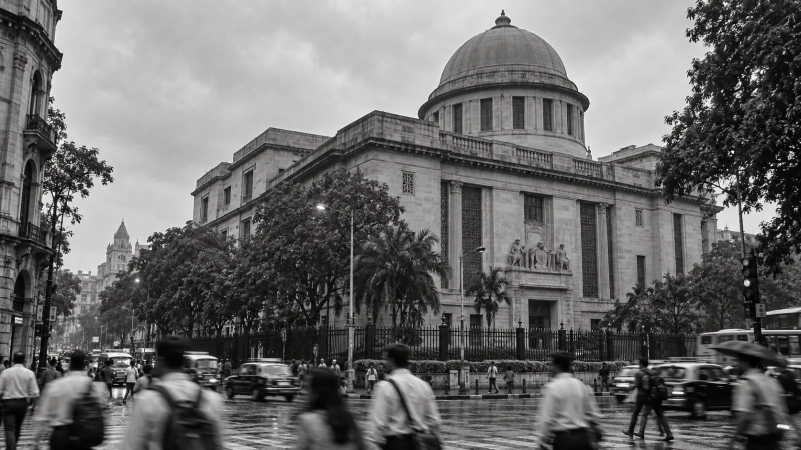 Commuters pass the Reserve Bank of India’s headquarters in Mumbai on an overcast morning. (AI-generated image / EconoTimes)