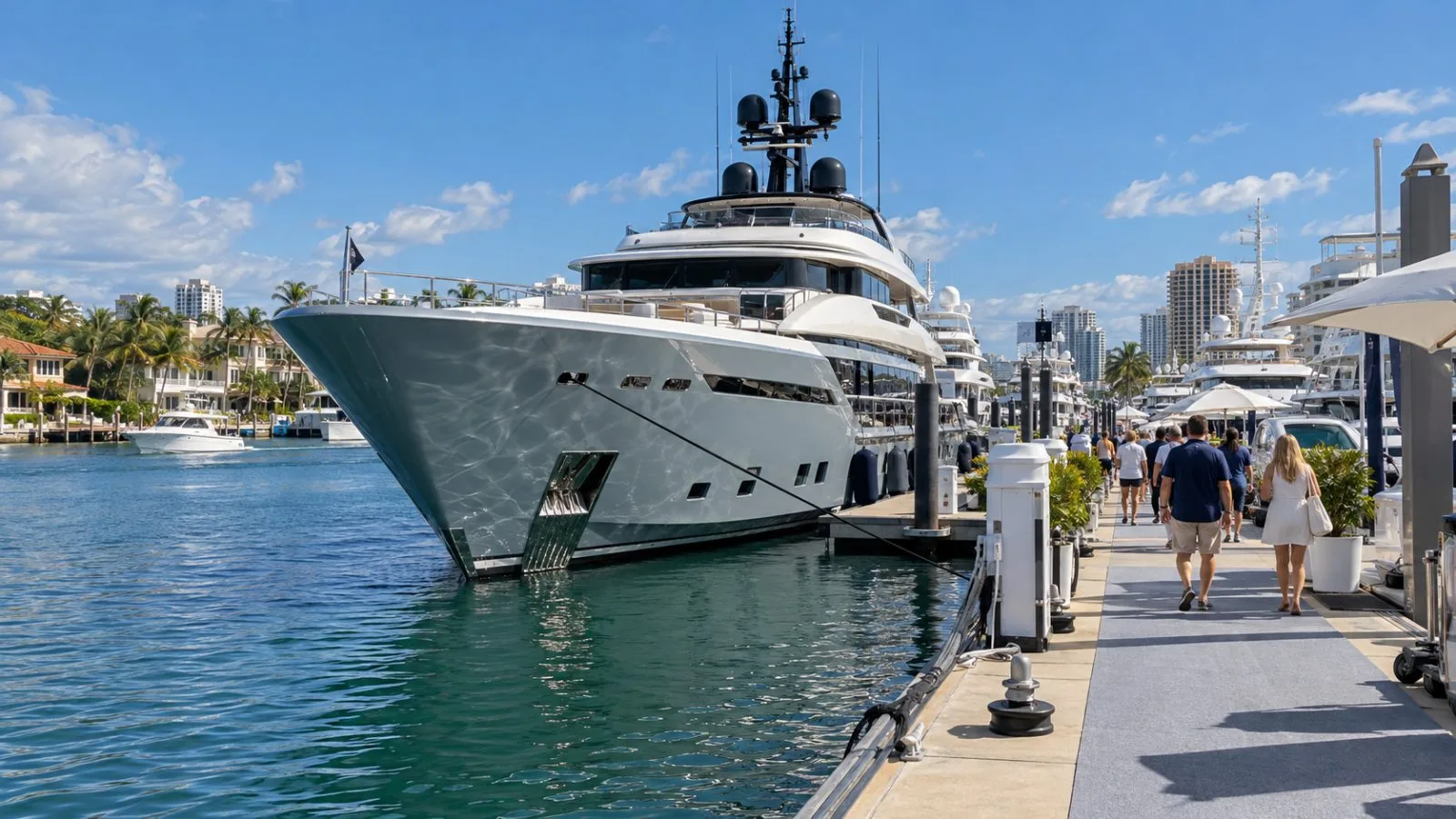 A superyacht sits among exhibition vessels at the Fort Lauderdale International Boat Show in Florida (AI-generated image / EconoTimes)