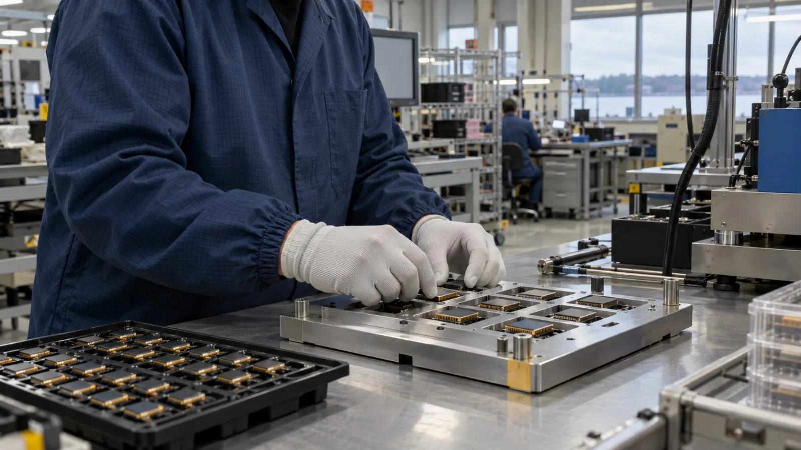 A worker handles sealed electronic packages inside an assembly area in Cambridge, Maryland. (AI-generated image / EconoTimes)