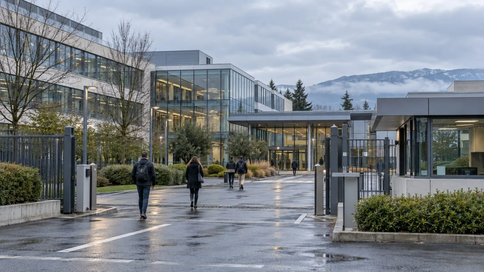 Employees enter the STMicroelectronics headquarters in Plan-les-Ouates, Switzerland. (AI-generated image / EconoTimes)