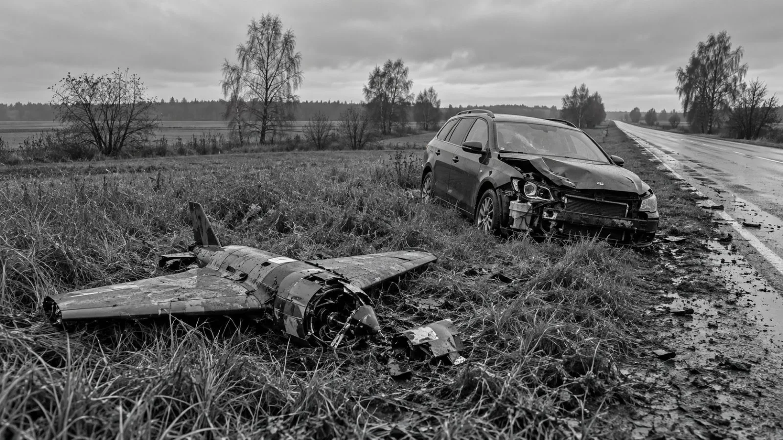 Drone debris lies beside a damaged car near Juodžionys in Lithuania’s Pasvalys district. (AI-generated image / EconoTimes)