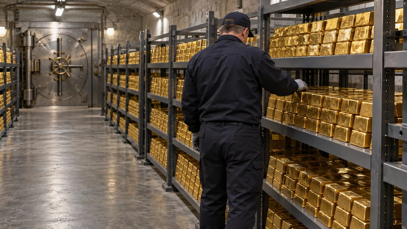 A worker inspects stored gold bars inside a bullion vault in London. (AI-generated image / EconoTimes)
