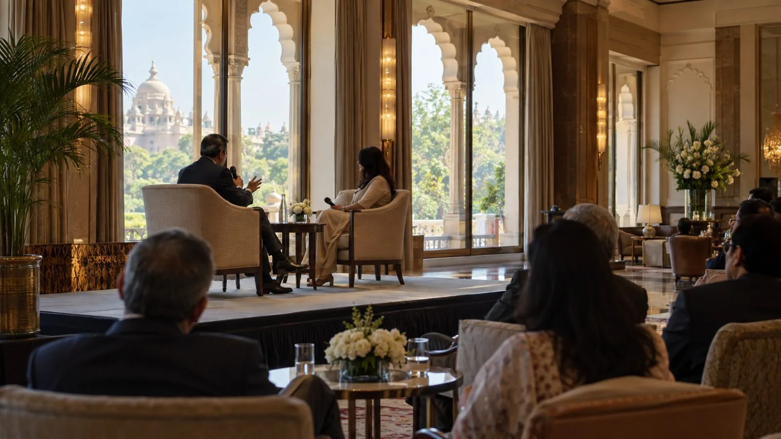 Attendees watch a summit conversation at the Taj Palace in New Delhi, India. (AI-generated image / EconoTimes)