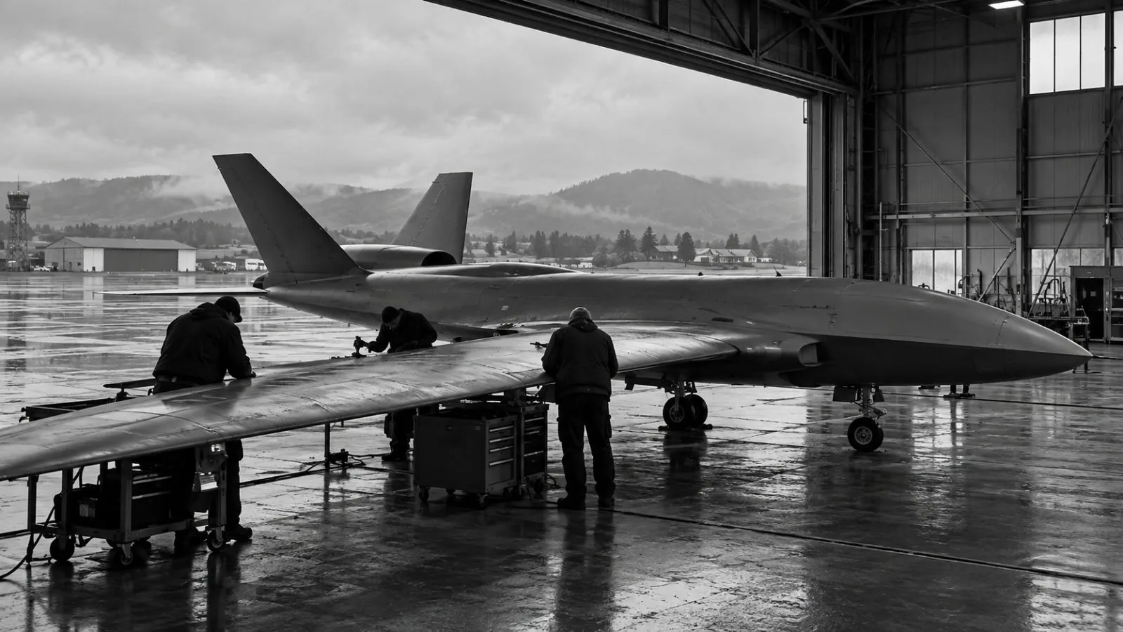 An unmarked unmanned aircraft sits inside an aerospace hangar at Payerne Aéropôle, Switzerland. (AI-generated image / EconoTimes)