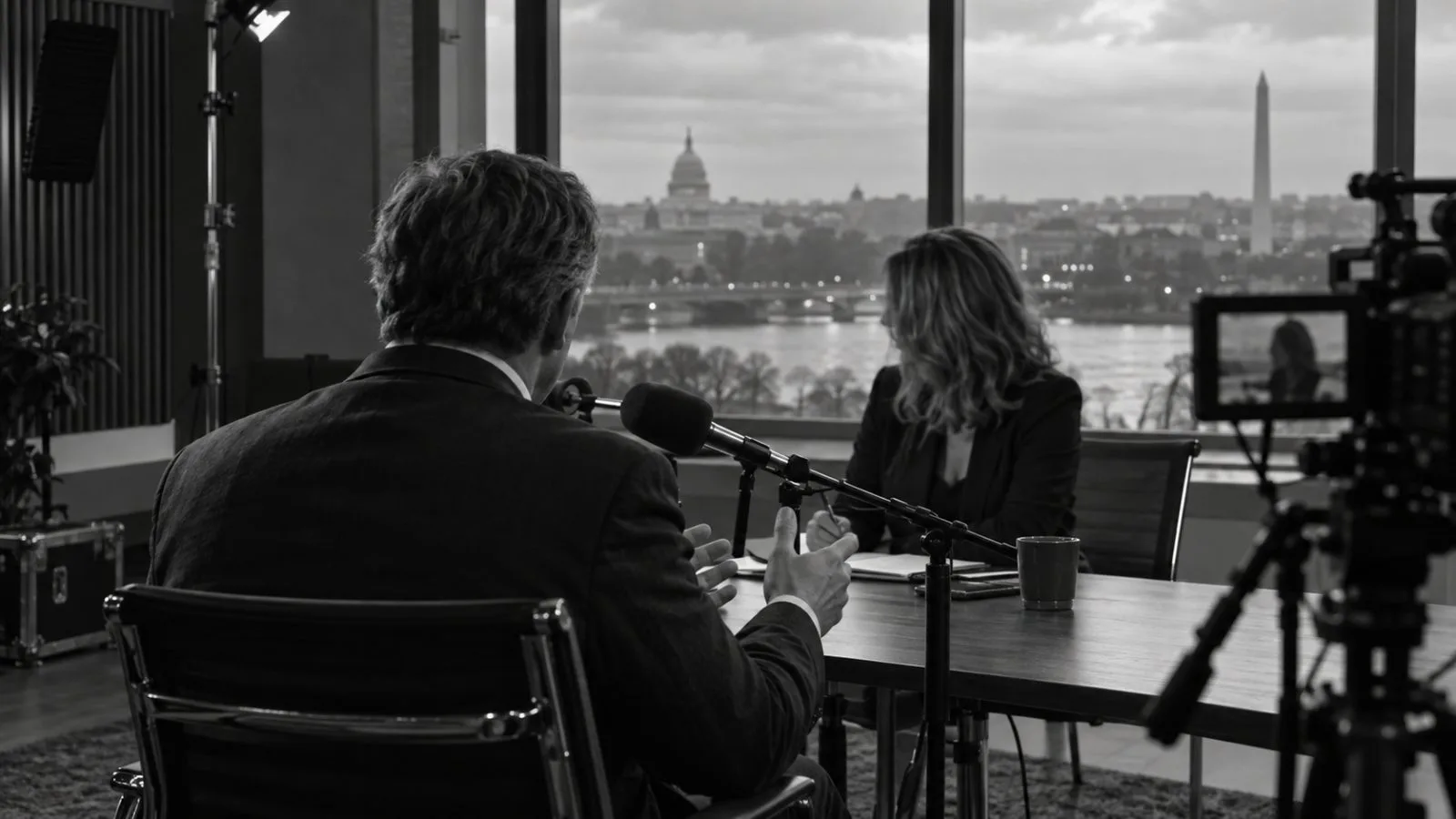 A television interview is recorded in a Washington, D.C., broadcast studio. (AI-generated image / EconoTimes)