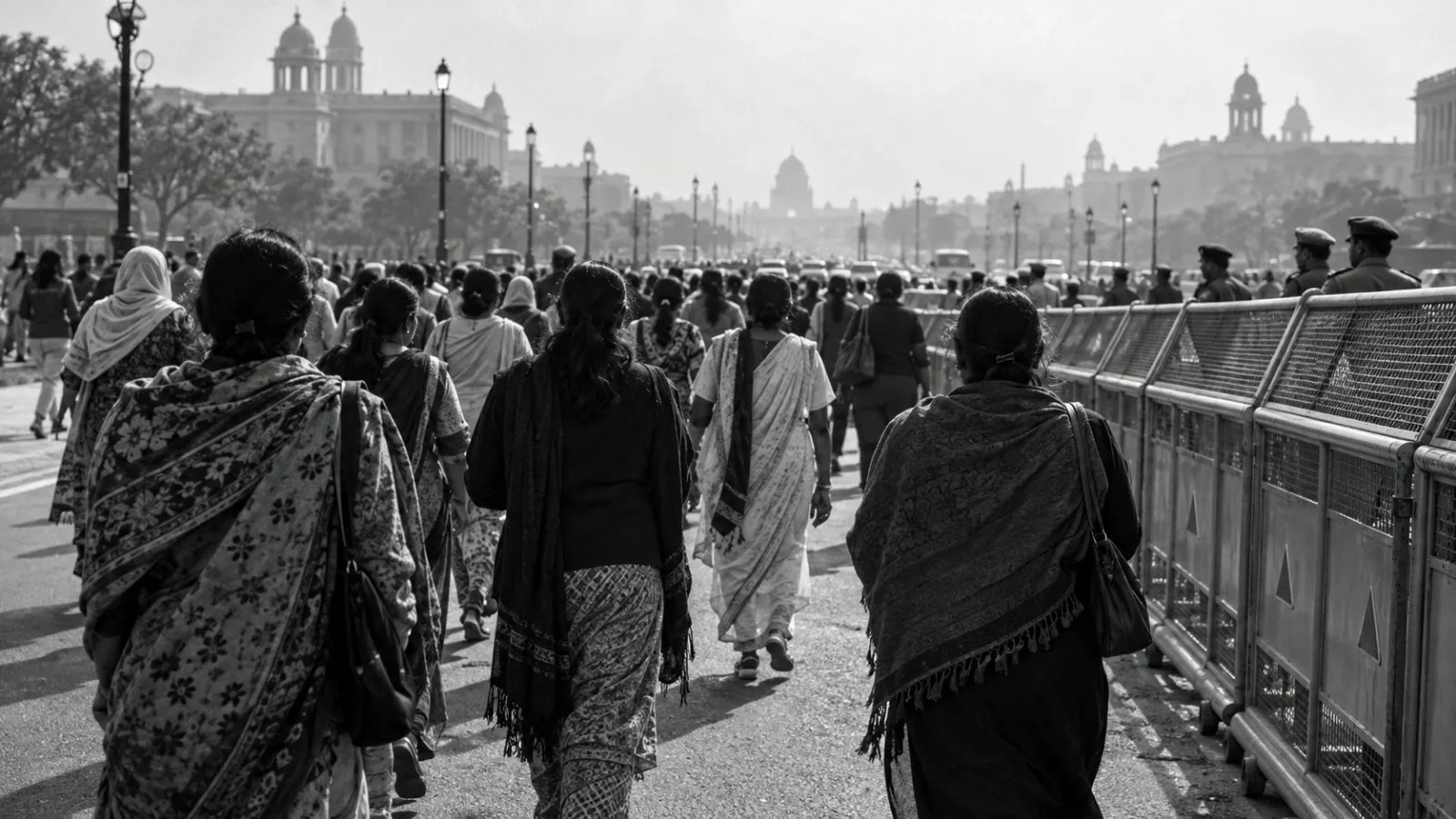 Women protesters walk beside a police barricade on a New Delhi street. (AI-generated image / EconoTimes)