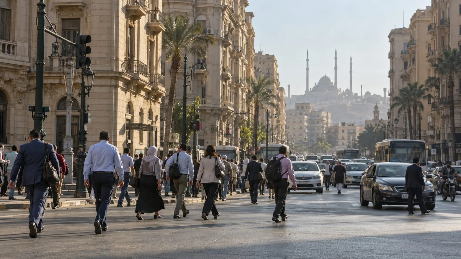 Office commuters cross a central Cairo street during the morning rush hour. (AI-generated image / EconoTimes)