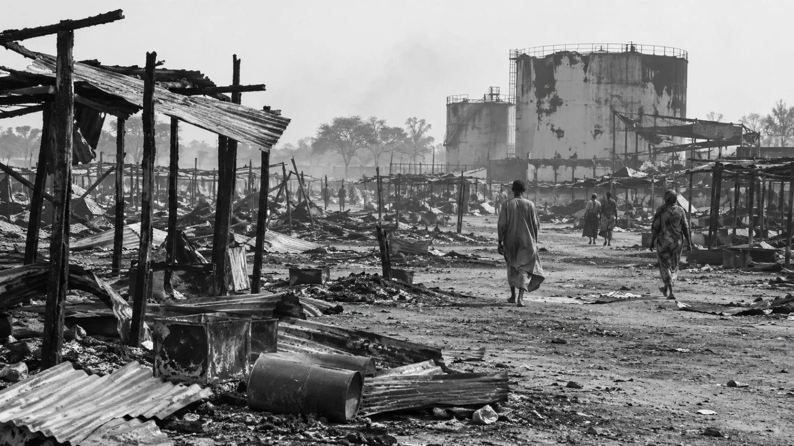 Burned stalls stand near a damaged fuel depot at Amiet Market, north of Abyei town. (AI-generated image / EconoTimes)