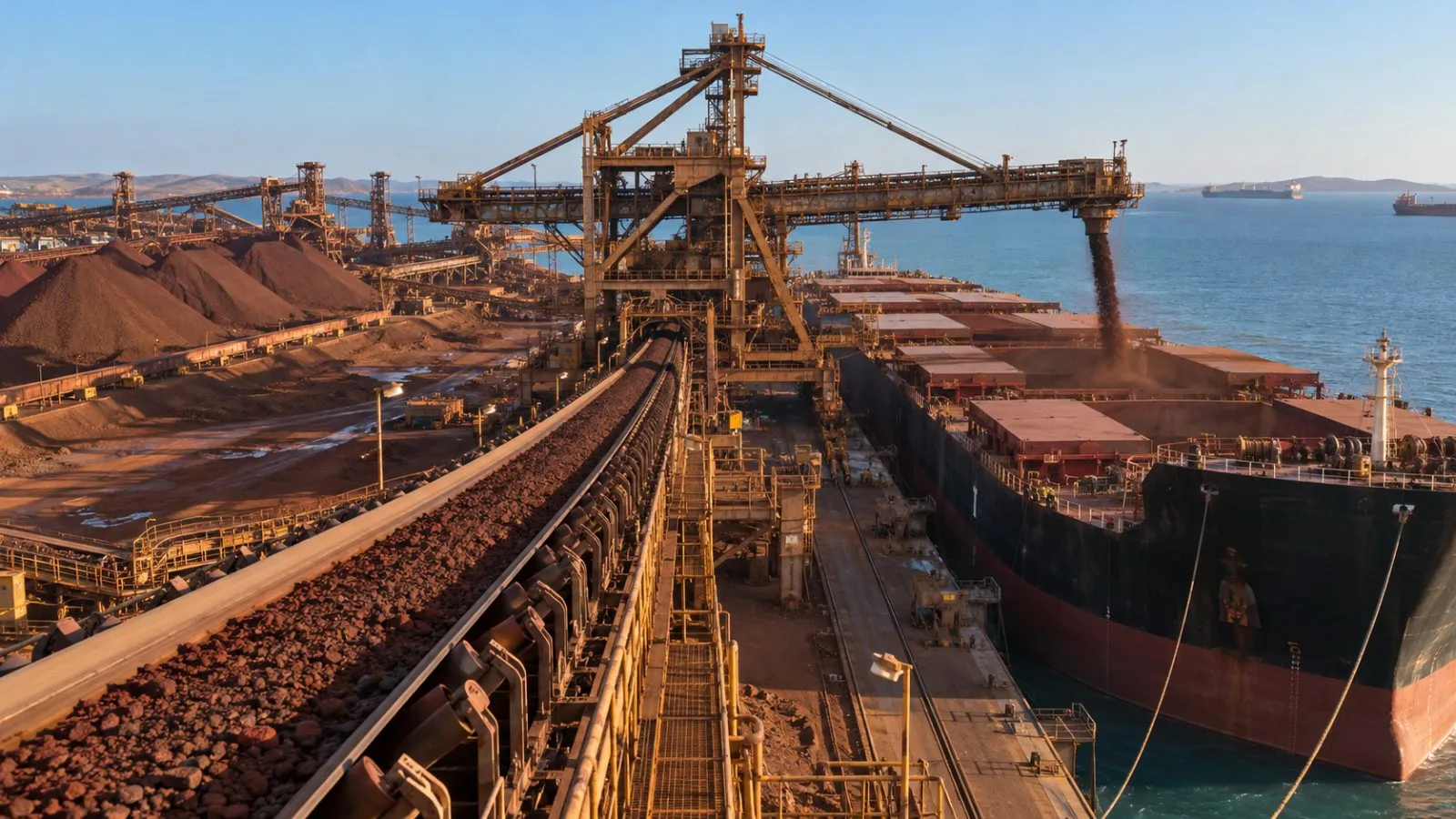 A shiploader transfers iron ore to a bulk carrier at Port Hedland, Western Australia. (AI-generated image / EconoTimes)
