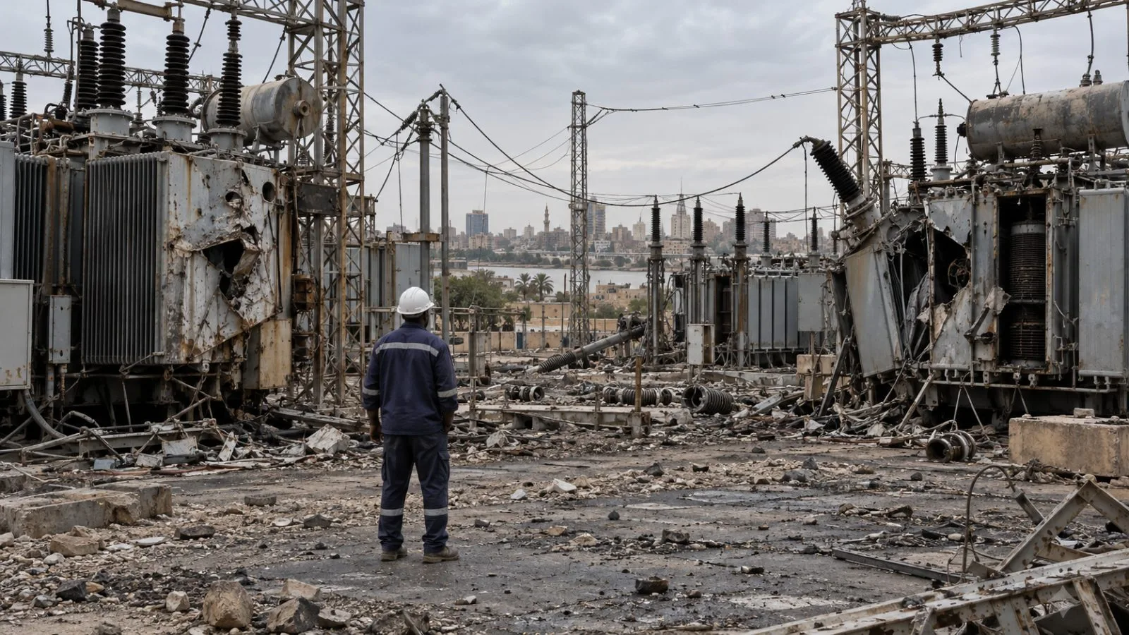 Damaged electrical equipment and power lines stand at a substation in Khartoum, Sudan (AI-generated image / EconoTimes)