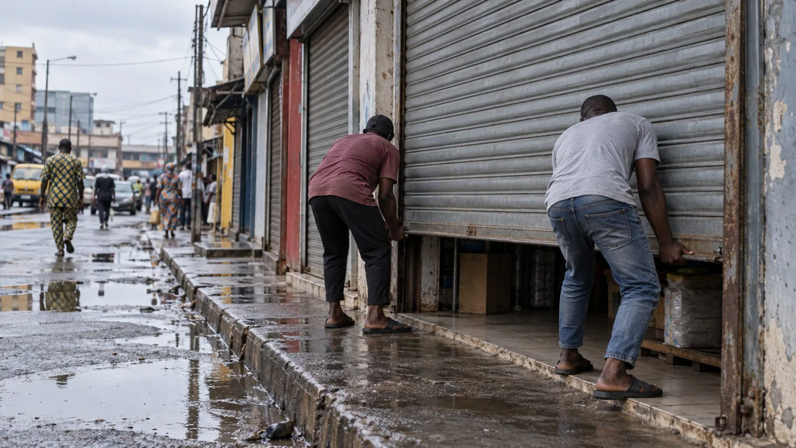 Workers open a storefront on a commercial street in Lagos, Nigeria. / EconoTimes.ai