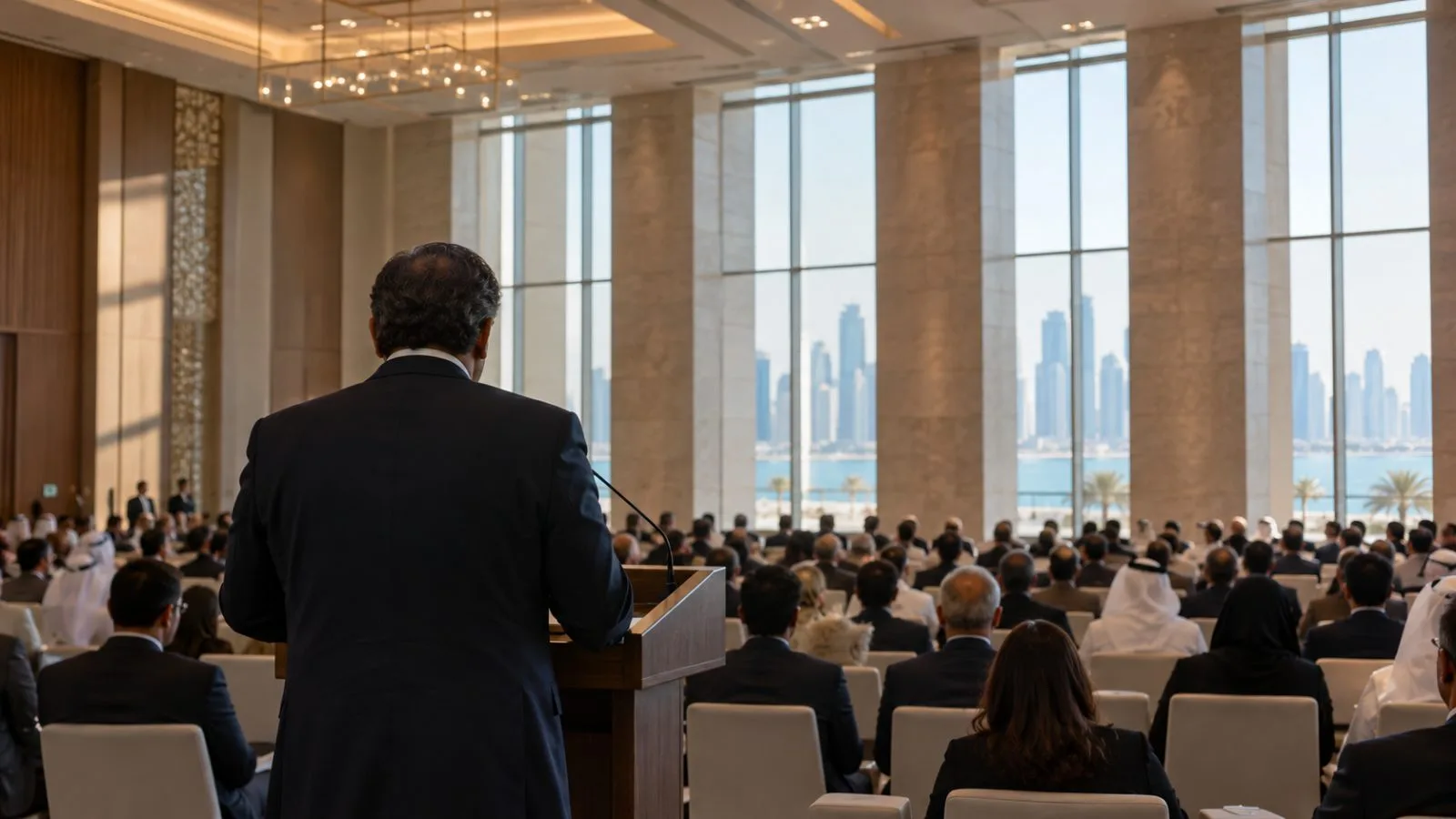 Delegates listen as a speaker addresses a security forum in Doha, Qatar. (AI-generated image / EconoTimes)