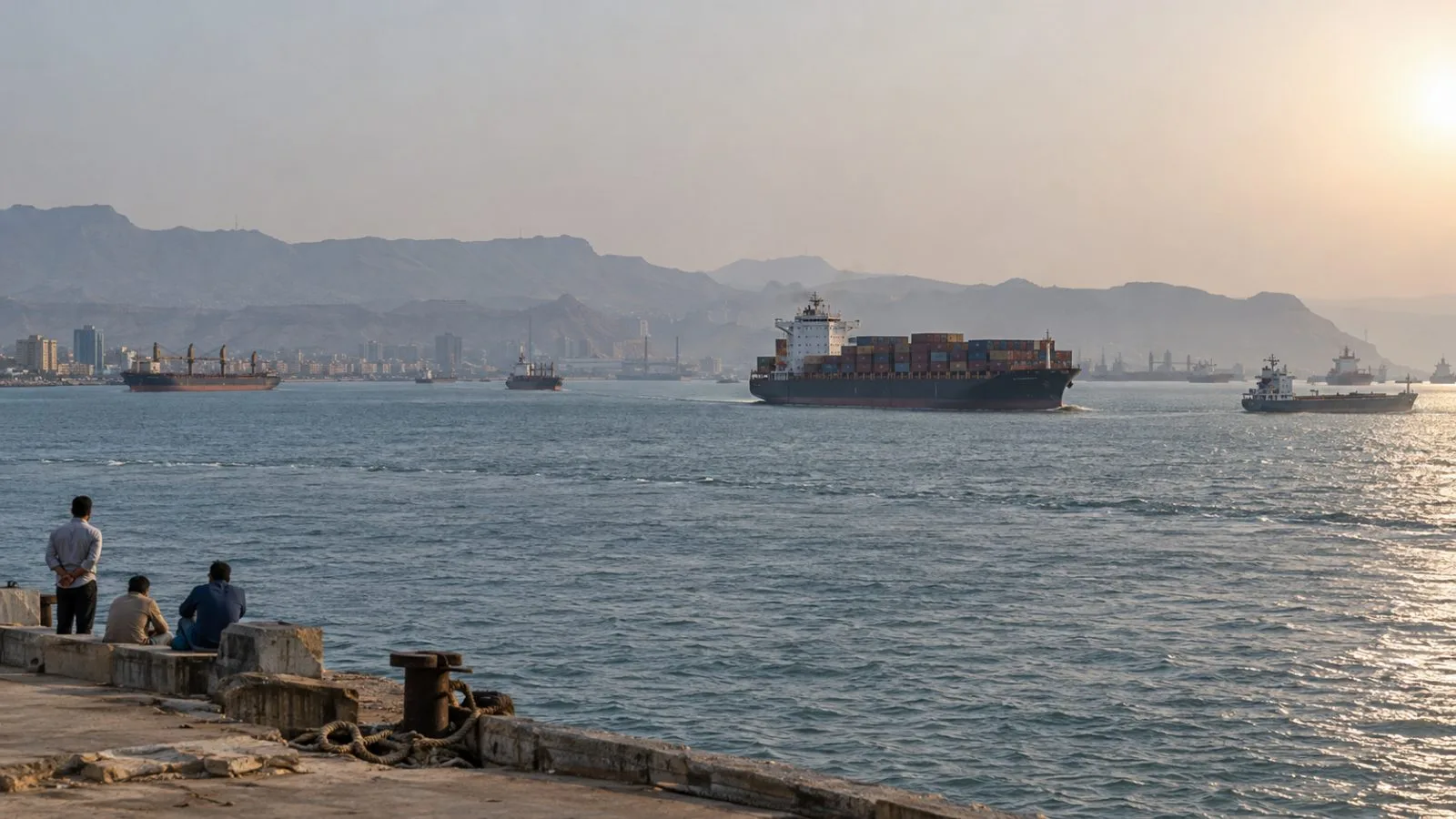 Cargo vessels move through waters off Bandar Abbas near the Strait of Hormuz. (AI-generated image / EconoTimes)