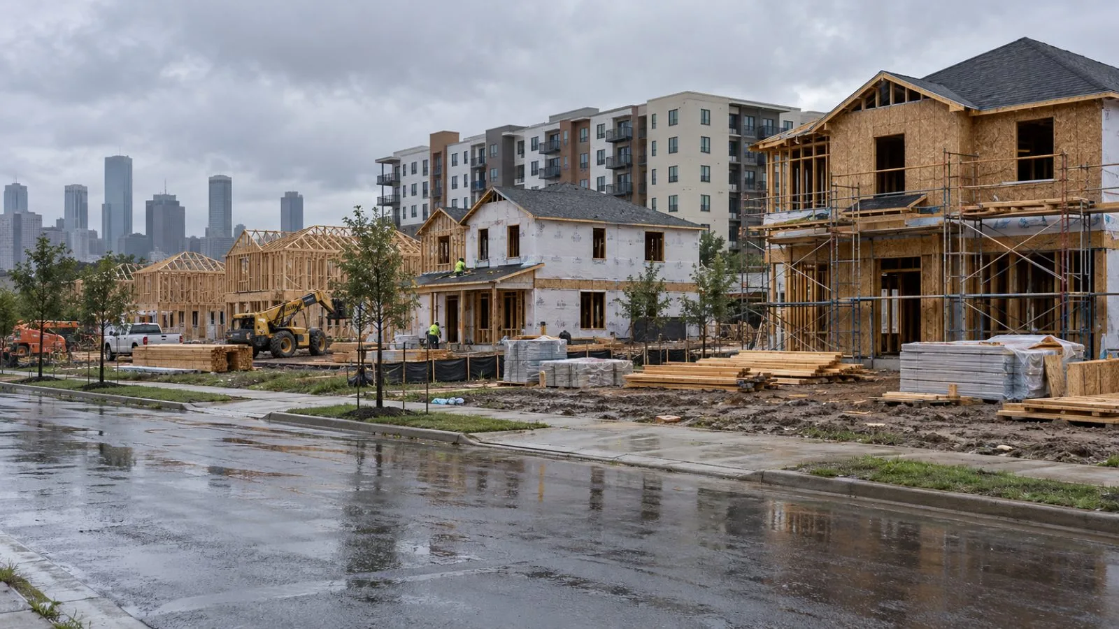 Workers build homes beside a mid-rise apartment complex in Houston, Texas. (AI-generated image / EconoTimes)