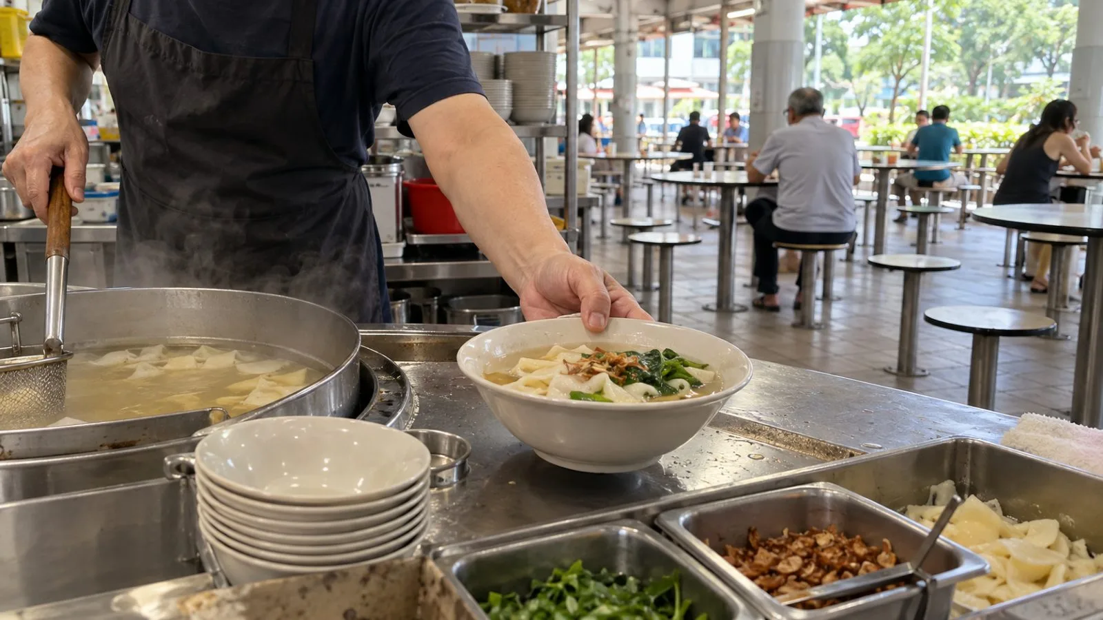 A hawker stall serves diners under hazy daylight in Jurong West, Singapore. (AI-generated image / EconoTimes)