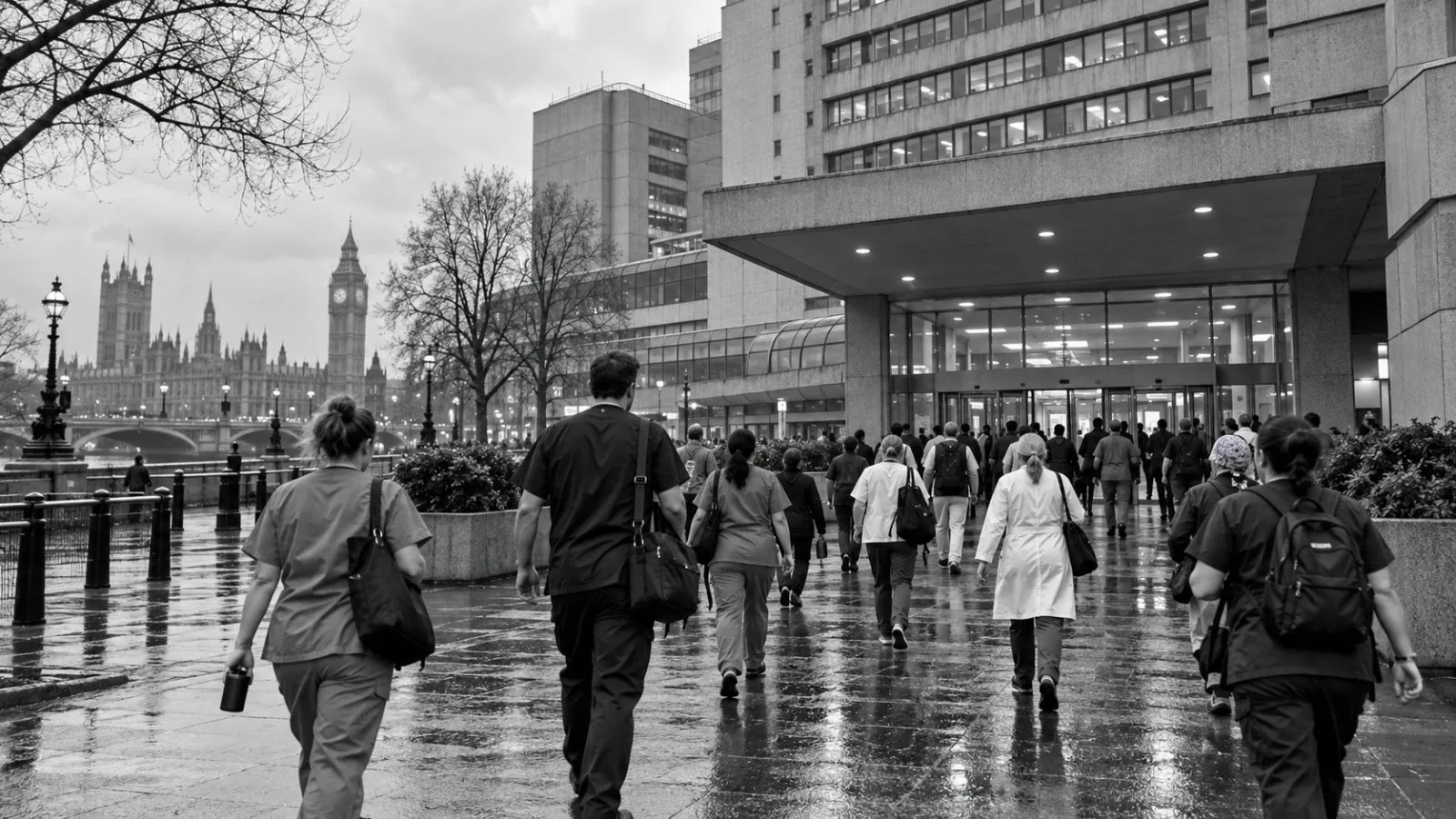 Hospital workers enter St Thomas' Hospital in London on a damp, overcast morning. / EconoTimes.ai