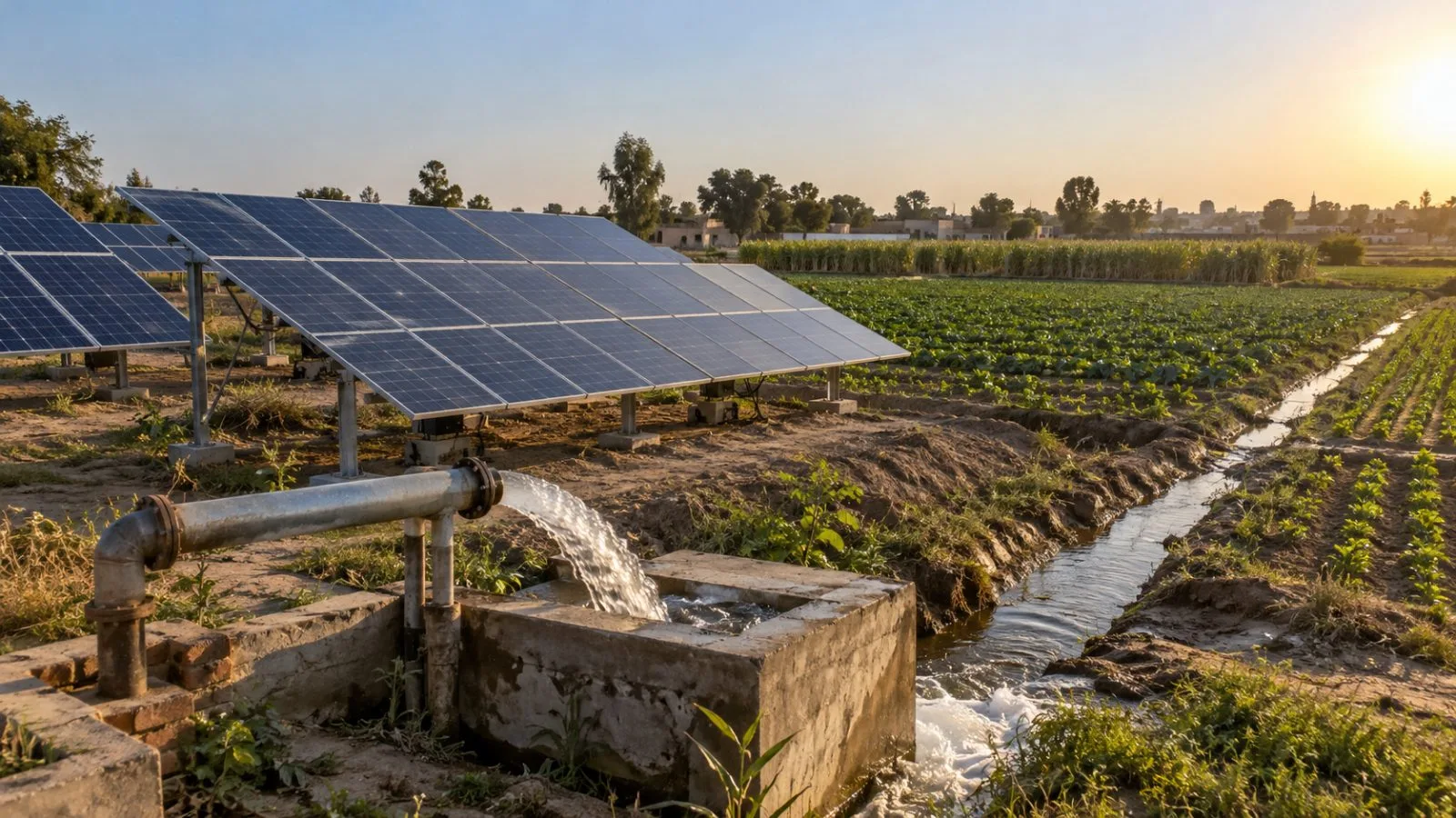 Solar panels stand beside cultivated fields on a farm outside Faisalabad, Pakistan. (AI-generated image / EconoTimes)