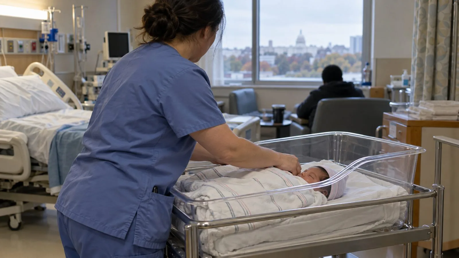 A nurse adjusts a newborn’s blanket beside a bassinet in a Washington, D.C., maternity ward (AI-generated image / EconoTimes)