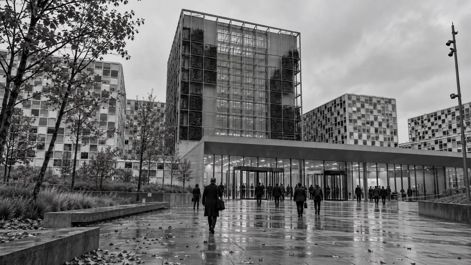 The International Criminal Court headquarters stands under overcast skies in The Hague, Netherlands. (AI-generated image / EconoTimes)