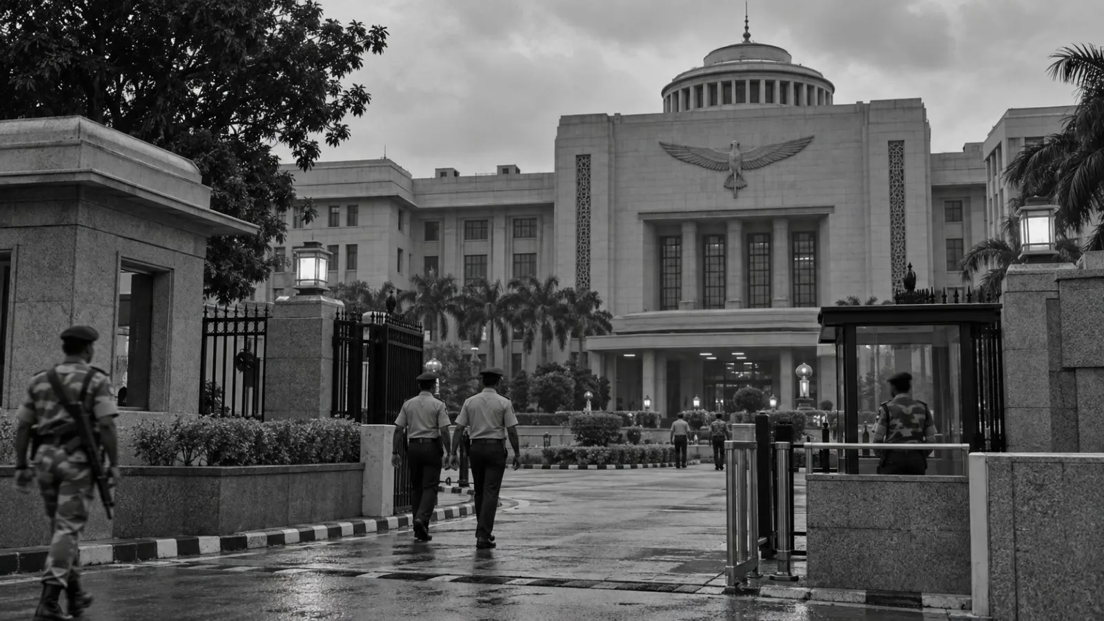 Uniformed personnel walk past Air Headquarters at Vayu Bhawan in New Delhi, India (AI-generated image / EconoTimes)