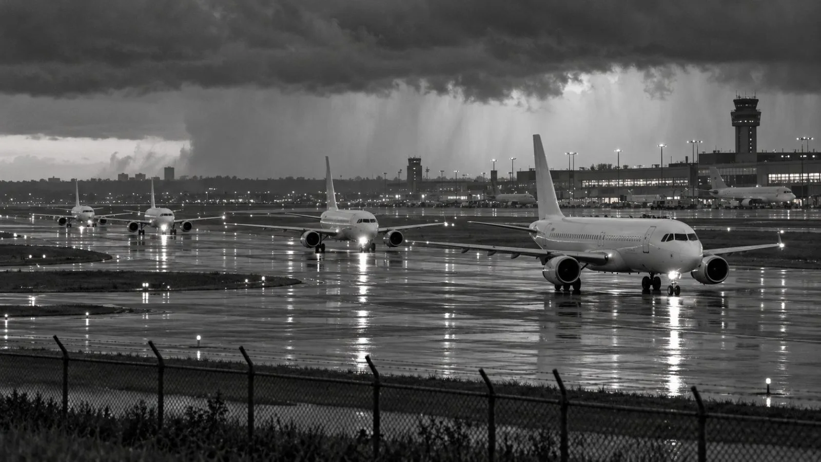 Aircraft queue on a rain-darkened taxiway at Montréal–Trudeau International Airport in Montreal. / EconoTimes.ai