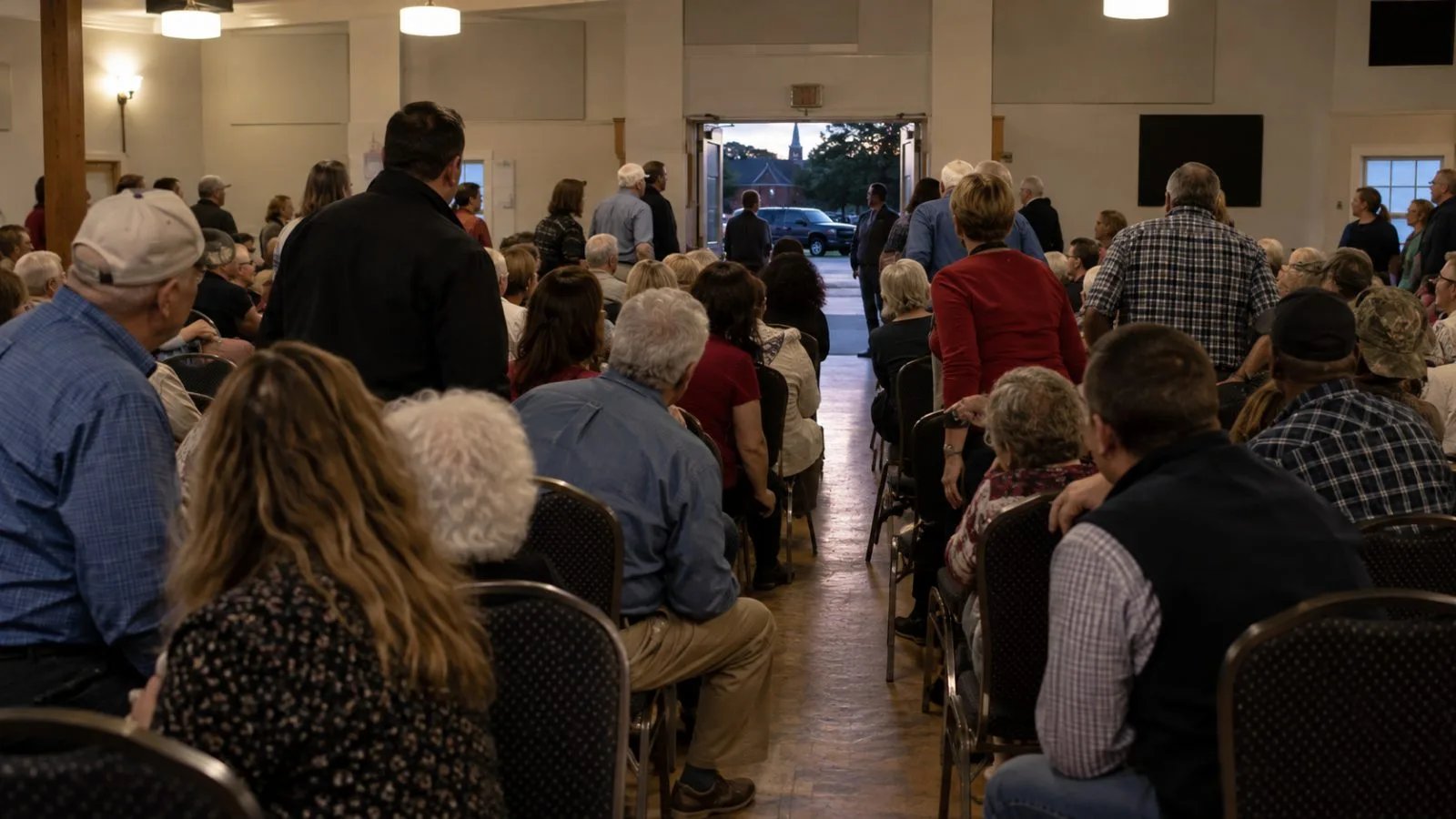 Attendees turn toward an aisle during a campaign rally in Greenville, North Carolina. (AI-generated image / EconoTimes)