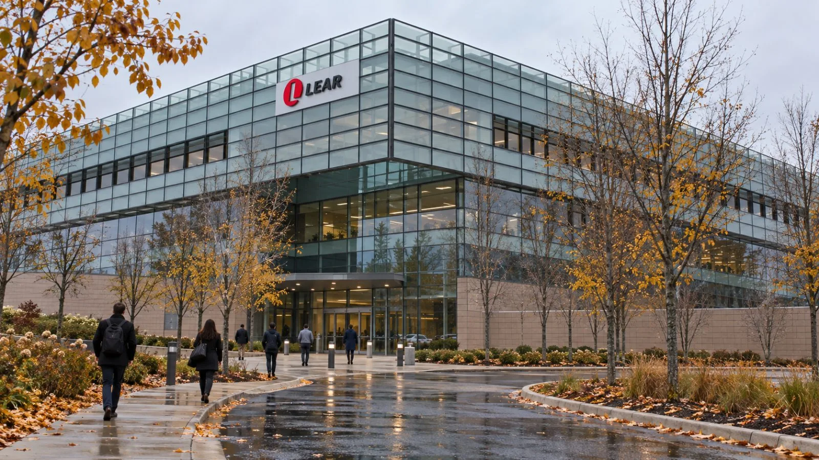 Employees enter Lear Corporation's headquarters in Southfield, Michigan, on an overcast morning. / EconoTimes.ai