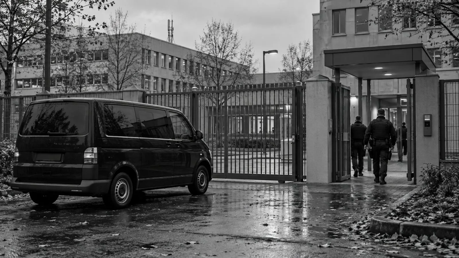 Police vehicles stand outside a police facility in Brandenburg, Germany, on an overcast morning. (AI-generated image / EconoTimes)