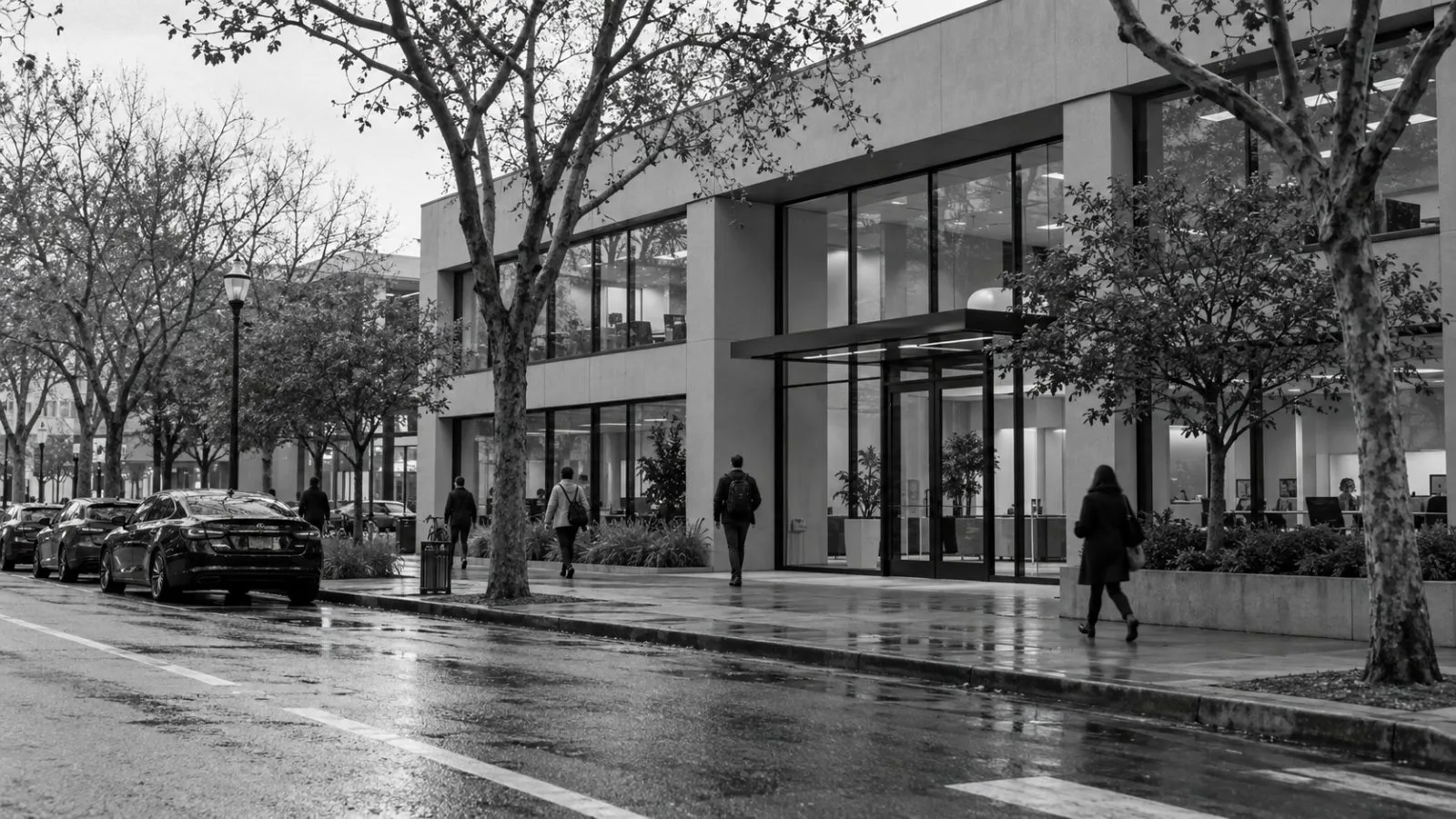 A low-rise office building sits along a commercial street in Palo Alto, California. (AI-generated image / EconoTimes)