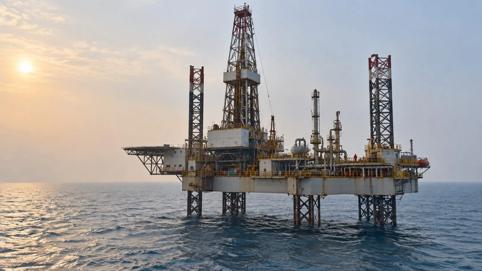 An offshore drilling rig stands above the Krishna-Godavari Basin off Kakinada, India. / EconoTimes.ai