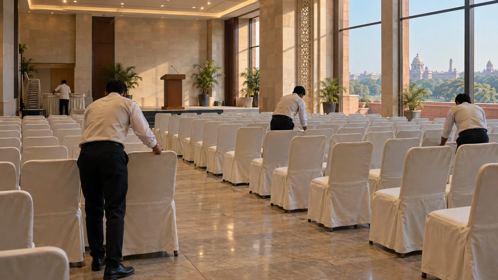 Staff arrange chairs facing a lectern in a New Delhi conference hall. (AI-generated image / EconoTimes)