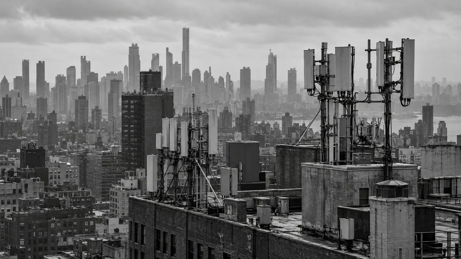 Cellular antennas stand above rooftops in Manhattan as morning clouds gather over New York. (AI-generated image / EconoTimes)