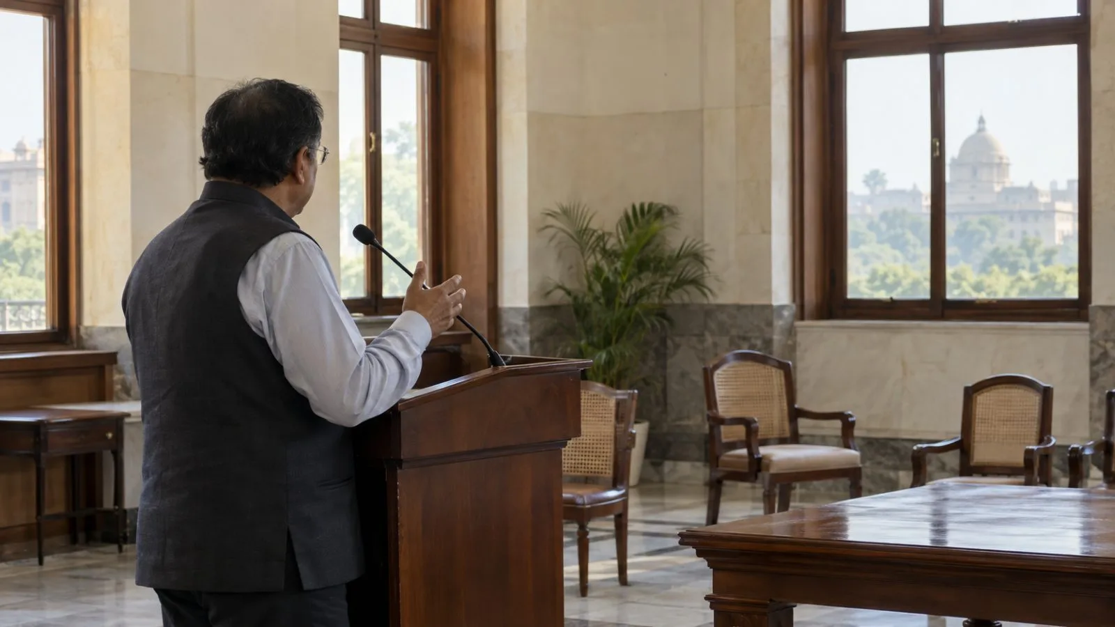 An official speaks at a lectern in a government briefing room in New Delhi, India. (AI-generated image / EconoTimes)