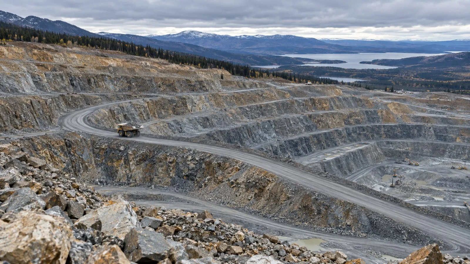 A haul truck climbs a bench at Mount Milligan mine near Fort St. James, Canada. (AI-generated image / EconoTimes)