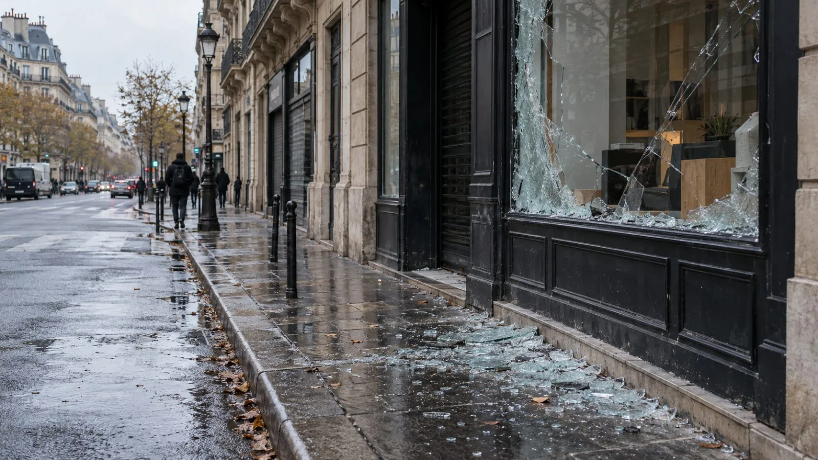 A closed shop with a damaged window stands on a commercial street in Paris, France. (AI-generated image / EconoTimes)