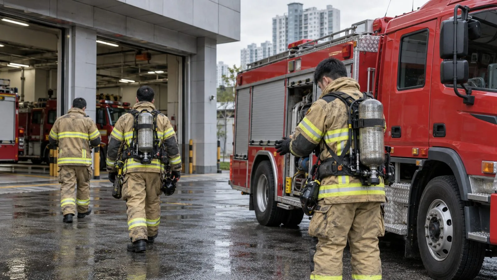 Firefighters stand beside a fire engine outside a station in Suwon, South Korea. (AI-generated image / EconoTimes)